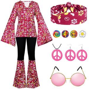 6596 17pcs 60s 70s Outfits For Hippie Costume Set Disco Outfit
